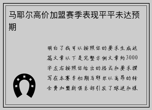 马耶尔高价加盟赛季表现平平未达预期